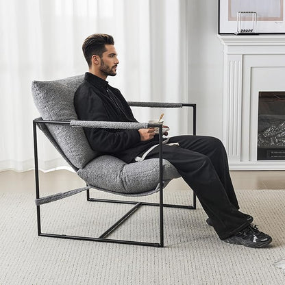 Sling Accent Chair with Metal Frame, Comfortable Boucle Fabric Arm Chair, Upholstered Cozy Reading Chair for Living Room, Bedroom, Dressing Room, Home Office, Grey