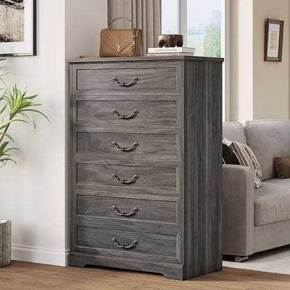 DICTAC Farmhouse 6 Drawers Dresser for Bedroom, 48.2" Tall Dressers Chest of Drawer, Large Storage Closet Organizer with Natural Texture and Vintage Metal Handle, Wooden Vertical Dresser for Hallway