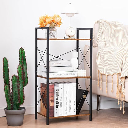 HCHQHS Small Bookshelf, Adjustable 3-Tier Industrial Bookcase, Rustic Open Book Shelf, Wood and Metal Horizontal Bookshelves