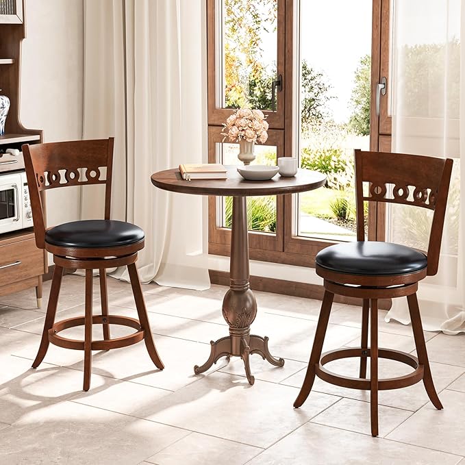 COSTWAY Bar Stools Set of 4, 24.5” Counter Height Bar stools with Solid Wood Legs, Cushioned Seat, Footrest, for Home, Kitchen Island, Bar (4, 24.5'' Seat Height)