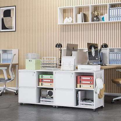 Lateral 2 Drawer Filing Cabinet with Lock, Mobile File Cabinet on Wheels, Printer Stand with Storage for Legal/Letter/A4 File Folders(White)