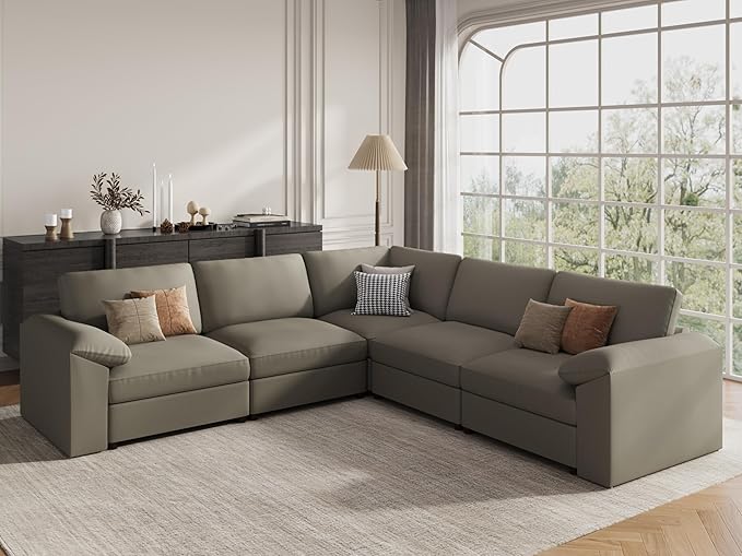 EASE MOOSE Oversized Corner Modular Sectional Sofa, Faux Leather Sectional Sofa with Deep Seat, Scratch Resistant Faux Leather Material, Extra Large L Shaped Couch, Light Grey