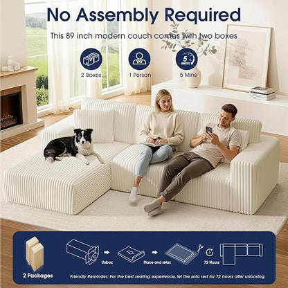 KINGYES 107'' Modular Sectional Sofa, L Shaped Cloud Couch for Living Room, Modern Plush Corduroy Boneless Sofa with Chaise for Bedroom, Beige