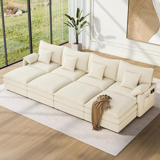 Vesgantti 142" Oversized Sectional Sofa Bed, 8-Seater Modular Sleeper Cloud Couch with Movable Ottoman, Chenille Convertible Sofa Set Deep Seat Couches for Living Room, Bedroom and Apartment, Beige