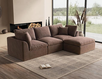 110" Cloud Sectional Couches for Living Room, Boneless L-Shape Couch with Ottoman, 3 Seater Modular Sectional Sofa, Brown
