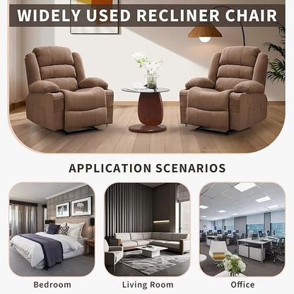 Large Recliner Chair for Adults Overstuffed Fabric Manual Pull Tab Recliner with Cup Holders, Side Pocket, 3-Position Recline, Minimalist Style Single Sofa Chair for Living Room Bedroom, Brown