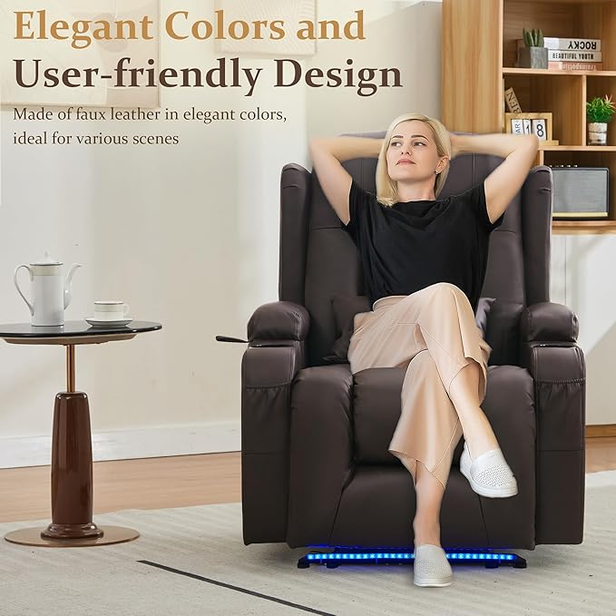 URRED Power Recliner Chair with Massage and Heat for Adults, Electric Reclining Sofa Home Theater Seating with Ambient Light, USB Ports, Cup Holders, Side Pockets, Pillow, Faux Leather, Brown