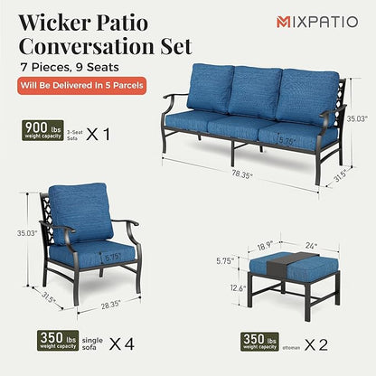 Patio Furniture Set 7 pcs, Outdoor Patio Furniture, 3-Seat Sofa, 4 Single Chairs, 2 Ottomans and 5.75" Extra Thick Cushion, Conversation Set for Backyard Deck,Gemstone Blue
