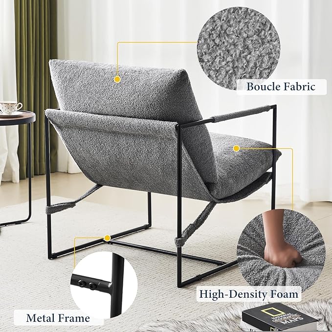 Furnilivng Large Sling Accent Chair Set of 2, Comfortable Boucle Fabric Arm Chair, Upholstered Cozy Reading Chair for Living Room, Bedroom, Dressing Room, Home Office, Grey