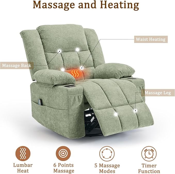 360° Swivel Rocker Recliner for Adults, Nursery Glider Recliner with Massage and Heating, Rocking Chair with Cup Holder, Manual Recliner Chair for Living Room, Bedroom (Fabric, Turquoise)