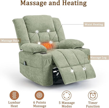 360° Swivel Rocker Recliner for Adults, Nursery Glider Recliner with Massage and Heating, Rocking Chair with Cup Holder, Manual Recliner Chair for Living Room, Bedroom (Fabric, Turquoise)