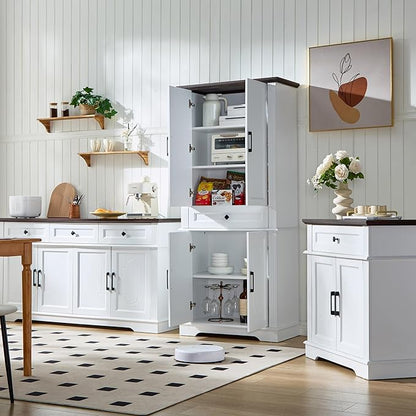 71" White Tall Pantry Cabinet with Drawer and Adjustable Shelves, Modern Storage Cabinet with Doors, Kitchen Buffet Cabinet, Food Pantry Storage Cabinet, Coffee Bar, Living Room and Dining Room