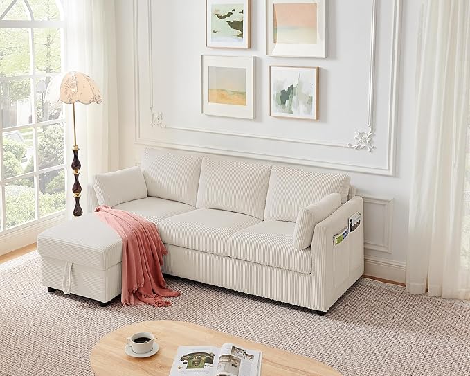 Corduroy Storage Ottoman for Living Room Sofas Couches, Square Ottoman with Storage Space Foot Rest Stool for Apartment, Dorm, Entryway, Beige