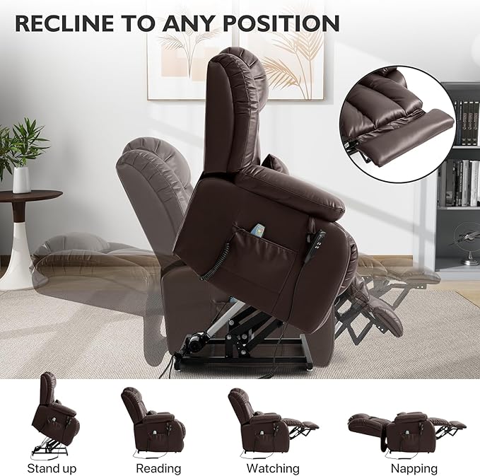 EDILLY Extra Large Power Lift Recliner Chairs for Elderly,Infinite Position Dual Motor Recliners Chair,with Heating and Massage, Breathable Leather,USB Ports Control(Brown)