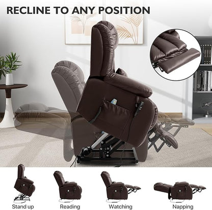 EDILLY Extra Large Power Lift Recliner Chairs for Elderly,Infinite Position Dual Motor Recliners Chair,with Heating and Massage, Breathable Leather,USB Ports Control(Brown)