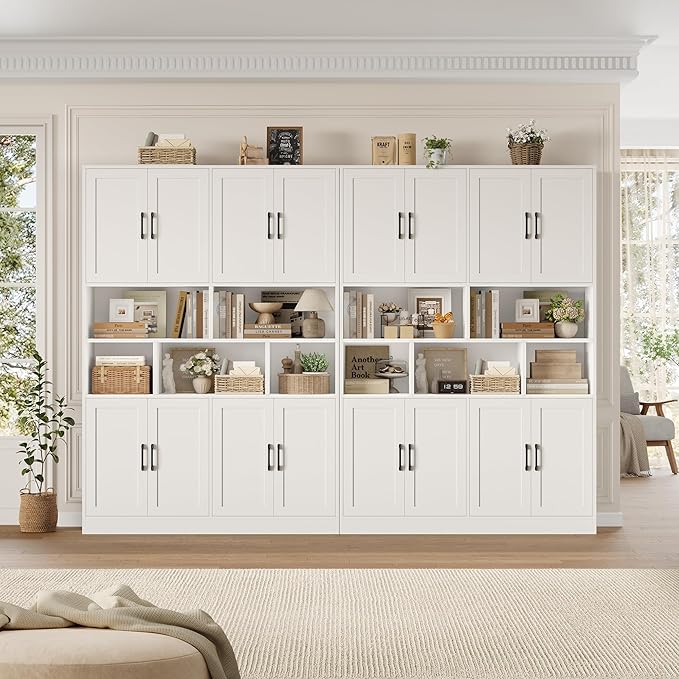 HORSTORS 71" Tall Storage Cabinet, Large Kitchen Cabinet with Deep Shelves and Doors, 47" Freestanding Display Shelf with Storage for Home Office, Living Room, White
