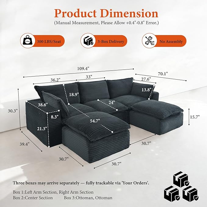 108" Sectional Couches for Living Room Boneless Couch Upholstered Cloud Couch Sectional Modular Sectional Sofa with L Shaped (Corduroy-Blue, 3 Seat+2 Ottoman)