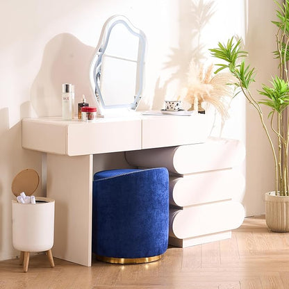Swivel Vanity Stool with Back Comfy Vanity Chair with Gold Base Modern Round Stool for Makeup Vanity Ottoman Foot Rest for Bedroom livingroom (Navy)