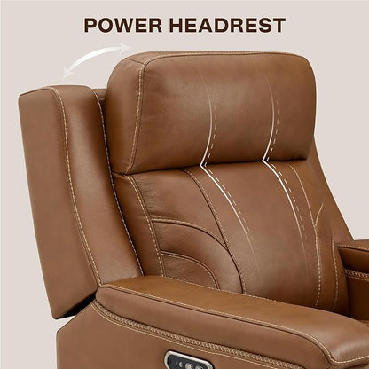 Watson & Whitely Oversized Lay Flat Recliner for Big and Tall, Genuine Leather Electric Recliner Chairs for Adults with Power Headrest & Chargers for Living Room, Saddle Brown