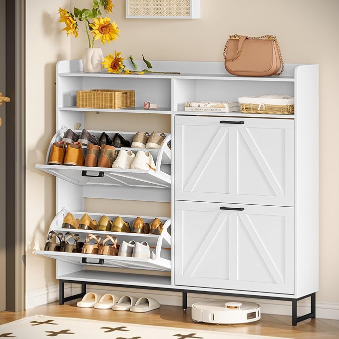 Shoe Cabinet Storage for Entryway, Shoe Storage Cabinet with 4 Flip Drawers, Freestanding Narrow Shoe Rack Organizer with Metal Legs, Adjustable Shelves & Open Storage for Foyer, Hallway, White