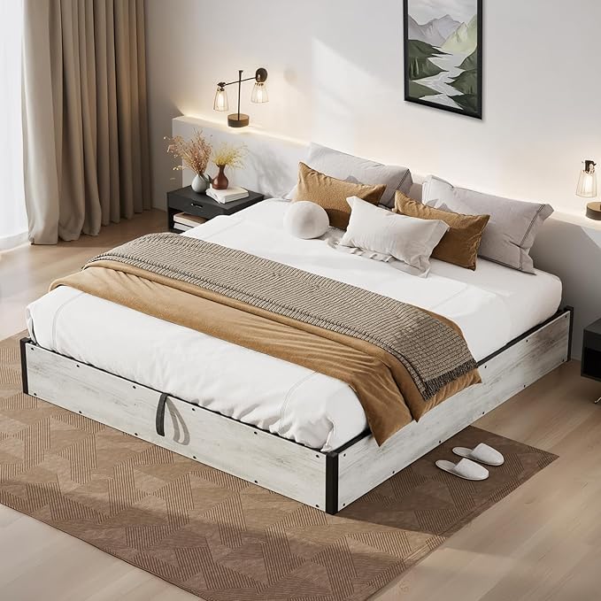 Lift Up Storage Bed Frame, Full Size Wooden Platform Bed with Large Storage Underneath, No Box Spring Needed, Noise Free, Distressed White