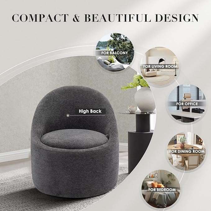 360° Swivel Accent Chair, Mid-Century Modern Chair with Hidden Storge, Small Swivel Chair with Arms for Living Room/Office-Dark Grey