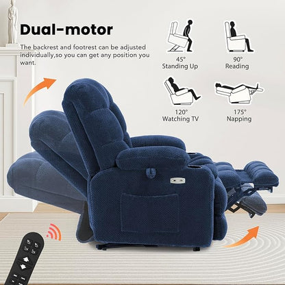 EONIX Dual Motor Lay Flat Power Lift Recliner Chair for Elderly, 400lbs Heavy Duty Recliner Lift Chairs for Adults, Chair Lift Recliner Sofa with Cup Holders, Heat and Massage, Navy Blue