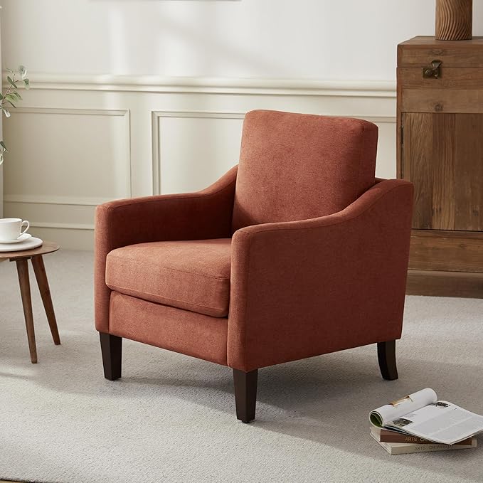 VKNOW Mid Century Modern Accent Chair, Upholstered Living Room Chairs Armchair for Bedroom, Comfy Reading Accent Chairs with Wood Legs for Living Room, Orange