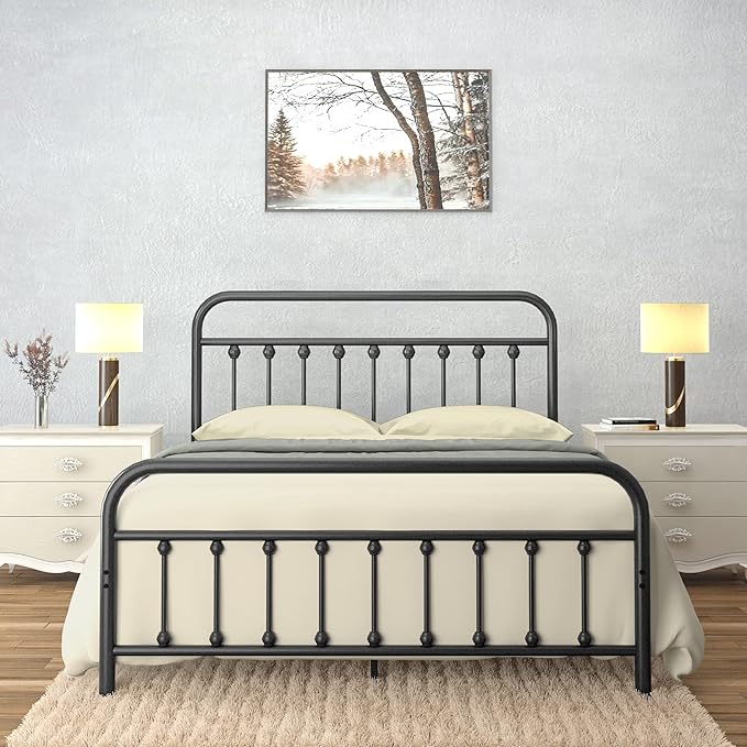 Golden Gate Beds Victorian Vintage Style Metal Bed Frame with Wrought Iron Headboard and Footboard, Classic Platform Bedframe Storage, No Box Spring Needed, Mattress Foundation, Black, California King