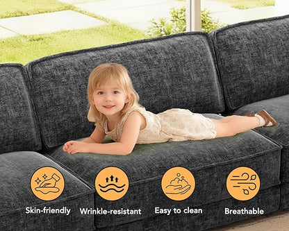 Sunny Heart 120" L-Shaped Modular Sectional Sofa, Oversized Cloud Couch with Movable Ottoman, 4-Seat Chenille Deep Seat Sofa with Pillow, Sectional Couches for Living Room, Apartment, Dark Grey