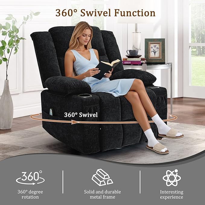 360° Rotating Adult Rocking Recliner, Baby Room Glider with Massage and Heating Functions, Rocking Chair with Cup Holder, Manual Recliner for Living and Bedroom (Fabric, Black)