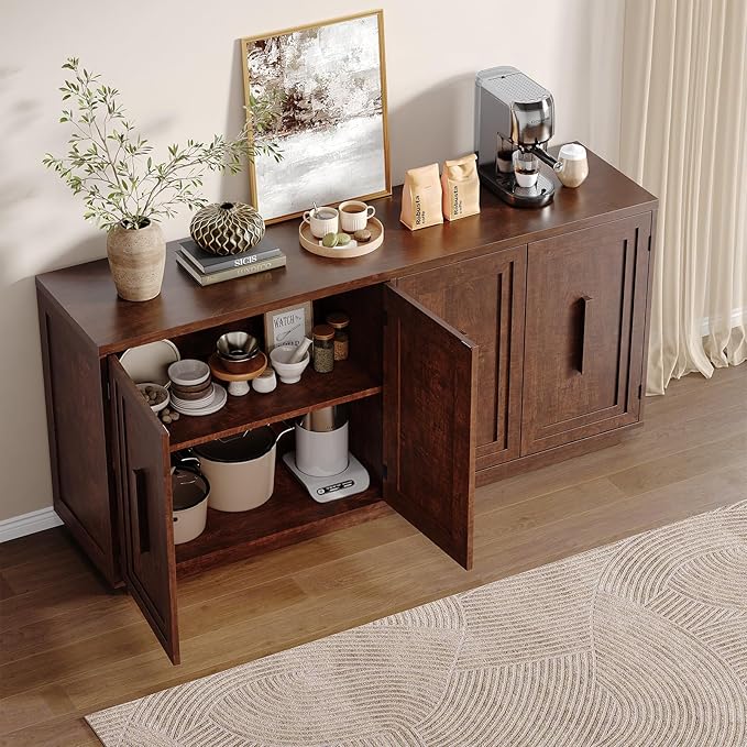 ONBRILL 63 Inches Sideboard Buffet Cabinet with Storage, 4 Doors Large Storage Cabinets with Adjustable Shelves, Modern Sideboard for Kitchen, Living Room, Entryway, Dark Walnut
