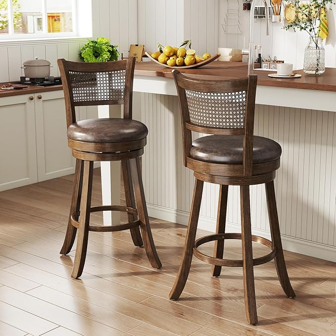 COSTWAY 30” Swivel Bar Height Barstool Set of 2, Rubber Wood Bar Stools with Rattan Backrest, Footrest, Upholstered Leathaire Armless Chairs for Kitchen Island, Pub, Brown(2, 30” Seat Height)