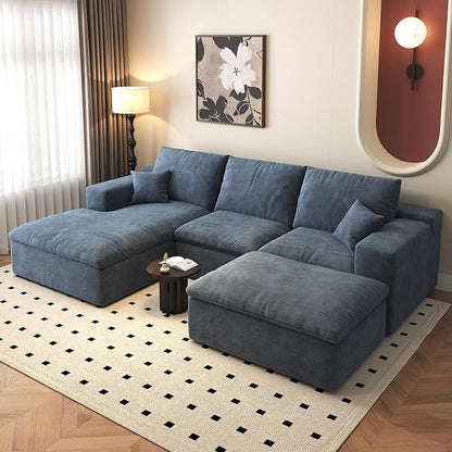 107'' U-Shaped Modern Modular Sectional Cloud Couch Whit Ottoman, 4-Seat Chenille Deep-Seat Sofa with Pillow for Living Room, Bedroom, Apartment, Ocean Blue