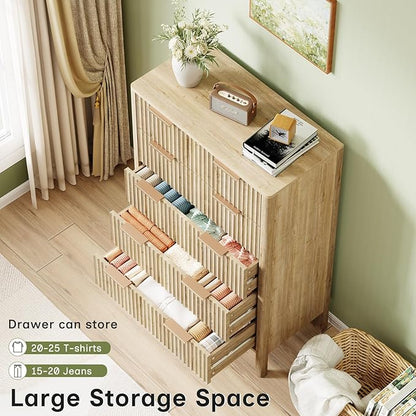 47" Tall Dressers for Bedroom Fluted 5 Drawer Dresser, Wooden Dresser Modern Chest of Drawers Dressers with Organizer Storage for Bedroom, Living Room, Entryway, Oak