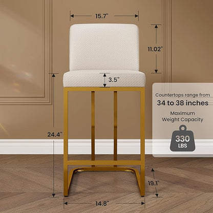 PHI VILLA White and Gold Bar Stools Set of 4, Faux Leather Counter Height Chairs, Kitchen Stools for Island, 24 Inch Barstools with Back