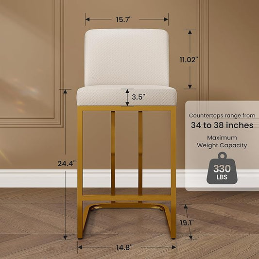 PHI VILLA White and Gold Bar Stools Set of 6, Faux Leather Counter Height Chairs, Kitchen Stools for Island, 24 Inch Barstools with Back