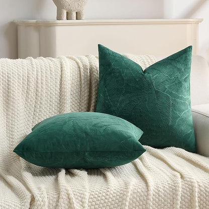 FUTEI Christmas Dark Green Velvet Throw Pillow Covers 22x22 Inch Set of 2,Soft Embossed Leaf-Relief Textured Cushion Cases,Natural Home Decor for Couch Living Room