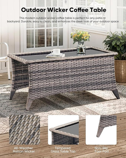 7-Piece Outdoor Wicker Patio Furniture Set with Swivel Glider Chairs,Loveseat, Coffee Table & Ottomans 5” Olefin Cushions Ergonomic Neck-Lumbar Backrest All-Weather Rattan for Garden, Deck, Porch
