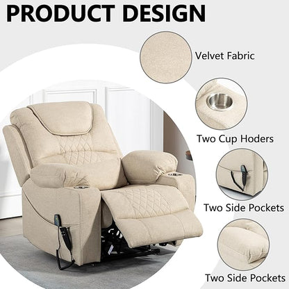 Large Power Lift Recliner Chair Sofa with Massage and Heat for Big and Tall Elderly,Infinite Positions,Dual Motor,Cup Holders,Extended Footrest,Velvet Home Theater Seat