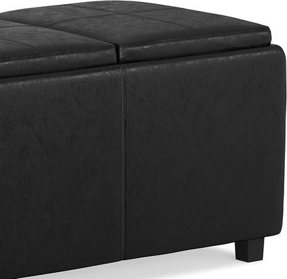 SIMPLIHOME Avalon 42 inch Wide Contemporary Rectangle Storage Ottoman in Distressed Black Vegan Faux Leather, Assembled, For the Living Room, Entryway and Family Room