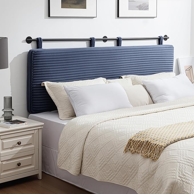 UEV King Headboard Only, Wall Mounted Hanging Upholstered Bed Head Board, Modern Vertical Channel Design of Fine Flannel, Elegant Dark Blue Fluted Headboard for Bedroom (Dark Blue, King Size)