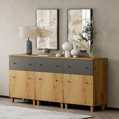 WAMPAT Set of 3 Storage Cabinets for Living Room, Modern Wood Accent Cabinets Sideboard with Drawers, Doors, and Adjustable Shelves for Dining Room, Kitchen, Entryway, Oak Brown & Dark Grey