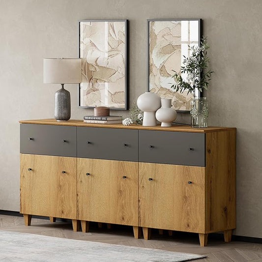 WAMPAT Set of 3 Storage Cabinets for Living Room, Modern Wood Accent Cabinets Sideboard with Drawers, Doors, and Adjustable Shelves for Dining Room, Kitchen, Entryway, Oak Brown & Dark Grey