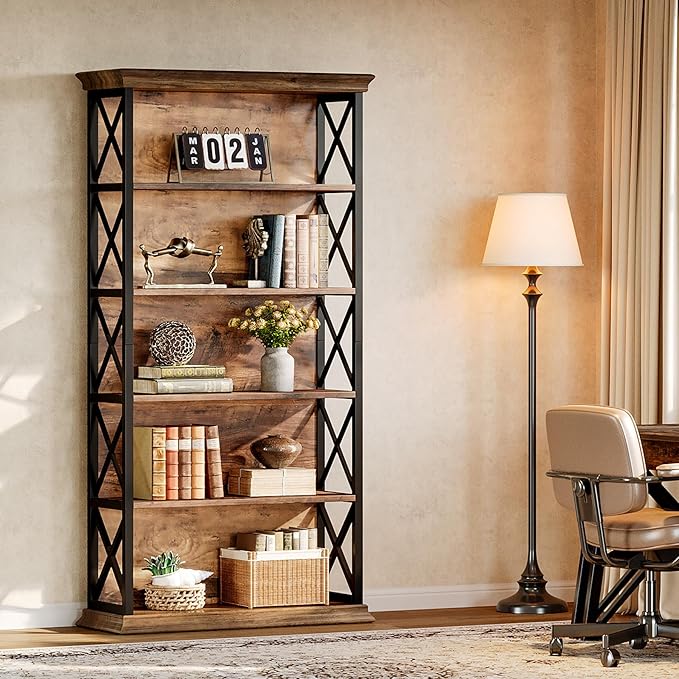 Tribesigns 71-Inch Tall Bookcase, 5-Tier Industrial Metal Bookshelf, Large Etagere Bookcases and Bookshelves, Freestanding Display Shelves for Living Room, Bedroom, Rustic Brown and Black (Set of 2)