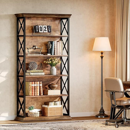 Tribesigns 71-Inch Tall Bookcase, 5-Tier Industrial Metal Bookshelf, Large Etagere Bookcases and Bookshelves, Freestanding Display Shelves for Living Room, Bedroom, Rustic Brown and Black (Set of 2)