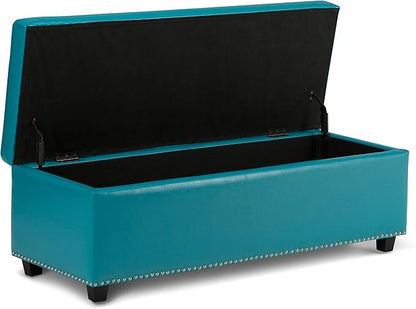 SIMPLIHOME Hamilton 48 inch Wide Transitional Rectangle Storage Ottoman in Mediterranean Blue Vegan Faux Leather, Assembled, For the Living Room, Entryway and Family Room