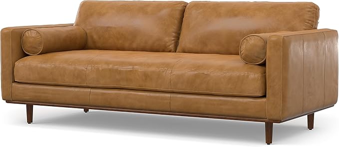 SIMPLIHOME Morrison 89-inch Wide Sofa in Sienna Top Grain Genuine Leather, Mid-Century Modern Design Couch for Living Room, Single Bench Cushion, 2 Back Cushions, 2 Bolster Pillows