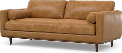 SIMPLIHOME Morrison 89-inch Wide Sofa in Sienna Top Grain Genuine Leather, Mid-Century Modern Design Couch for Living Room, Single Bench Cushion, 2 Back Cushions, 2 Bolster Pillows