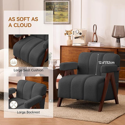 Accent Chair Mid-Century Modern with Wide Backrest for Bedroom, Upholstered Living Room Chair with Wooden, Lounge Armchair with Thick Cushion, Cute Teddy Comfy Chair, Dark Grey